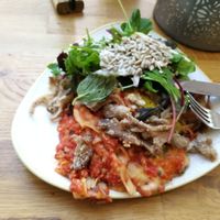 Lasagna, fried mushrooms, 2 kinds of salads and 2 kinds of toppings at Nordvegan in Oslo