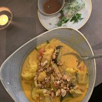 Veggie Curry over brown rice, topped with cashews, & spring roll appetizer  at Nordvegan in Oslo