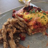 Lasagne & mushroom fries at Nordvegan in Oslo