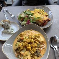 lasagna and curry bowl at Nordvegan in Oslo