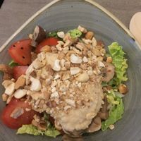 Salad with tomatoes, hummus, tomatoes and mushrooms at Nordvegan in Oslo