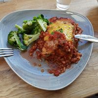 lasagna and broccoli at Nordvegan in Oslo