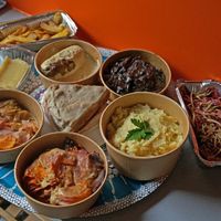 Mushroom steak/Mashed Potatoes/Vegetable Gratin/Andouille/Fries/Pumpkin Cake at Le Faitout Vegan in Paris