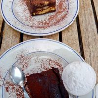 chocolate cake and opéra ( choco-coffee layered cake) at Le Faitout Vegan in Paris