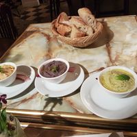 Hummus, black bean + truffle, navy bean + mint at Le Faitout Vegan in Paris