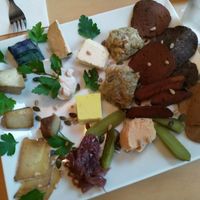 Cheese and characutarie 'sharing' board February 2020 at Le Faitout Vegan in Paris