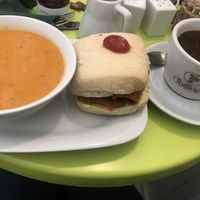Bacon roll with tomato and rice soup at Musicker in Isle Of Bute