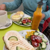 Mushy peas, pesto and sausage panini
Cheese, pesto and grilled peppers panini at Musicker in Isle Of Bute