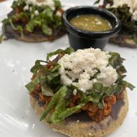Sopes de soya at Aura Vegana in Mexico City