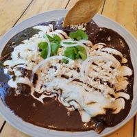 I can't find this item on their current menu so it might have been a special, but I believe it was Enveganadas de Mole at Aura Vegana in Mexico City