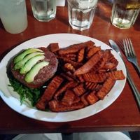 Impossible Burger without bun. Sweet potato fries. at Downtown Joe's in Napa