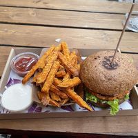 Dr. Carrot burger w/ sweet potato fries  at Las Vegan's - Kazinczy Trailer in Budapest