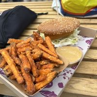 chicken burger and sweet potato fries   at Las Vegan's - Kazinczy Trailer in Budapest