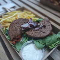 Mushroom burger plate at Las Vegan's - Kazinczy Trailer in Budapest