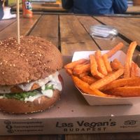 the carot burger + sweet potato fries at Las Vegan's - Kazinczy Trailer in Budapest