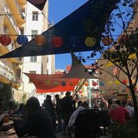 food trucks + sitting area at Las Vegan's - Kazinczy Trailer in Budapest