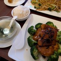 orange vegan beef at Ginger Root in New York City