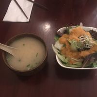 Salad and soup served with main dish at Ginger Root in New York City