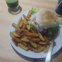 Tofu burger with fries at Holy Cow in Edinburgh
