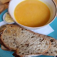 Delicious soup of the day with warm bread at Holy Cow in Edinburgh