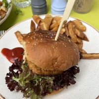 Vietnamese burger and chips  at Holy Cow in Edinburgh