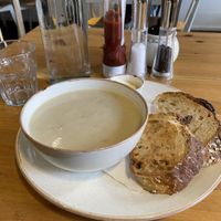 Cauliflower and tahini soup, sourdough bread  at Holy Cow in Edinburgh