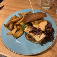 Tofu burger and chips   at Holy Cow in Edinburgh
