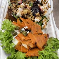 Beetroot carpaccio (back), carrot lox (front). Full portions are double the size - this was half each    at Holy Cow in Edinburgh