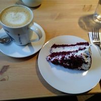 Red velvet cake and coconut milk latte at Holy Cow in Edinburgh