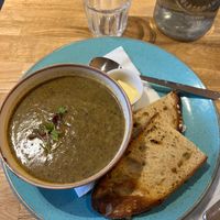 Mushroom soup and sourdough toast at Holy Cow in Edinburgh