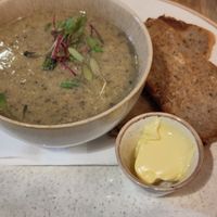 Mushroom soup with buckwheat bread at Holy Cow in Edinburgh