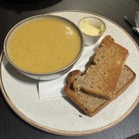 Parsnip, leek, and potato soup with gluten free buckwheat bread  at Holy Cow in Edinburgh