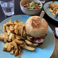 Quarter pounder, mushroom burger and side salad   at Holy Cow in Edinburgh