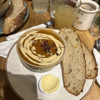 Pumpkin soup with sourdough bread  at Holy Cow in Edinburgh