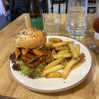 Oyster Mushroom burger, chips & Kombucha  at Holy Cow in Edinburgh