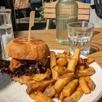 Oyster mushroom burger with proper chips, delicious. at Holy Cow in Edinburgh