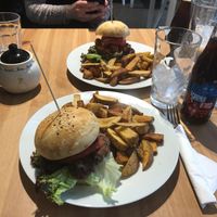 Quarter Pounder (front) and Pulled Jackfruit Burger (behind) with tasty fries at Holy Cow in Edinburgh