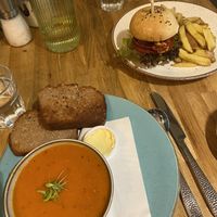 Soup and jackfruit burger  at Holy Cow in Edinburgh