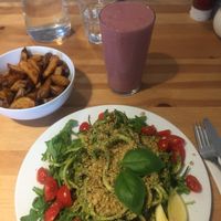 Courgette and pesto salad, chips and banana and strawberry smoothie  at Holy Cow in Edinburgh