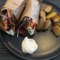 Vegan Souvlaki made with mushroom with garlic (vegan) mayo and date& tomato ketchup at Lime Bistro in Athens