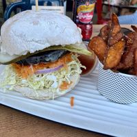 Fable Southern BBQ Burger with sweet potato fries at Grill'd in Townsville