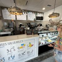 Core menu above the counter (specials on chalkboards)   at La Vegana in Sevilla