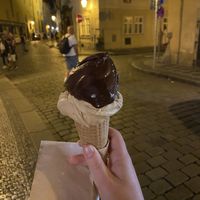 a scoop of chocolate and a scoop of salted peanut butter   at Creme de la Creme in Prague