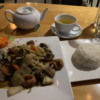 Garlic and Black Pepper tofu stir fry with jasmine rice and green tea    at Thai Box in Christchurch