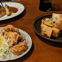 Crispy chicken & gyoza were nice but the crispy tofu was horrible. Served cold and tasted like stale bread. Also some were burnt! at Shibata Restaurant in Myoko