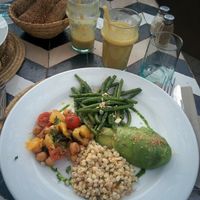This meal was vegetarian but I changed the cheese cream for a piece of avocado. 
And green smoothie of course! at NOMAD in Marrakech