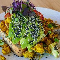 Healthy everything tofu scramble, and the colors are a feast for the eyes! at The Origin in Christchurch