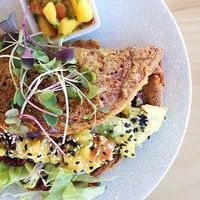 Chickpea Omlette with Mango Salasaand Avocado, Pomegranate  at The Origin in Christchurch