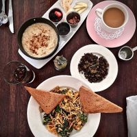 Top to bottom, (L to R): Citizens Hot Cerea, Coffee with cream, Cold Brew Ice Coffee, Vegan Citizens Platter with house made protein crumble at Citizen Eatery in Austin