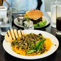 Assam burger with yucca fries, and veggie pasta noodles (gluten free) at Citizen Eatery in Austin